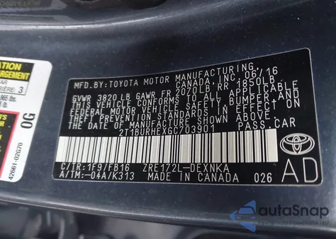 2016 Toyota Corolla Le z USA, uszkodzony, nr VIN 2T1BURHEXGC703901